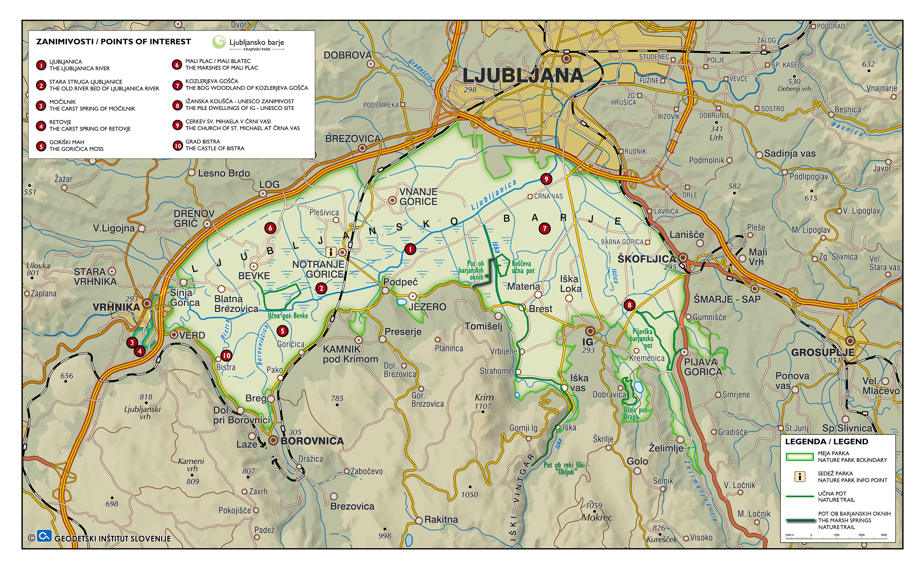 Zemljevid krajinskega parka Ljubljansko Barje, del katerega je pod UNESCO zaščito